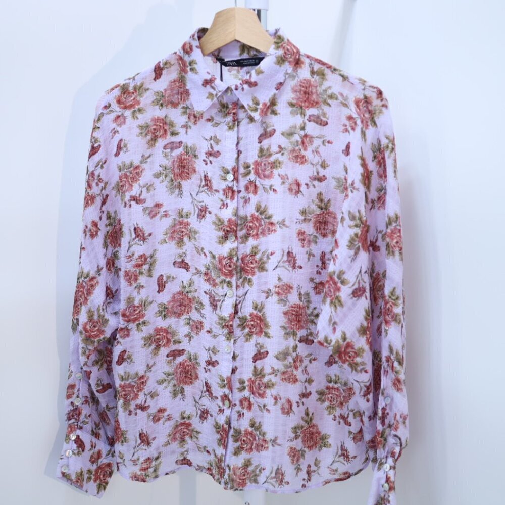 Zara Floral Print Button-Up Blouse with Balloon Sleeves, Size SMALL NWT - Picture 2 of 8